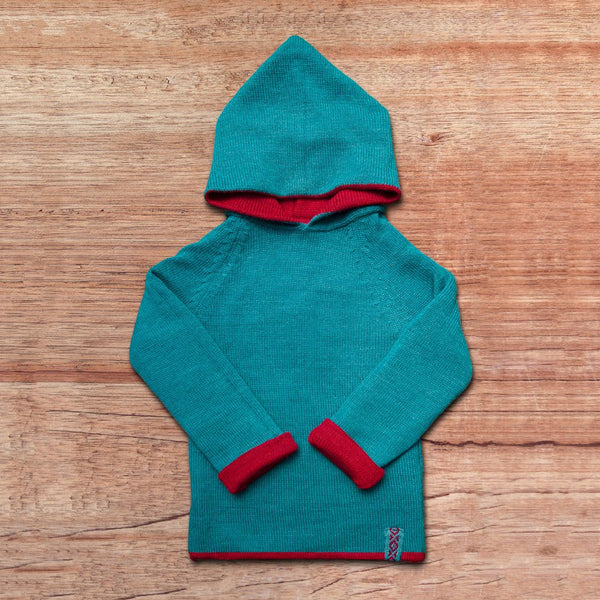 Kids-Sweater with hood in baby alpaca wool color blue