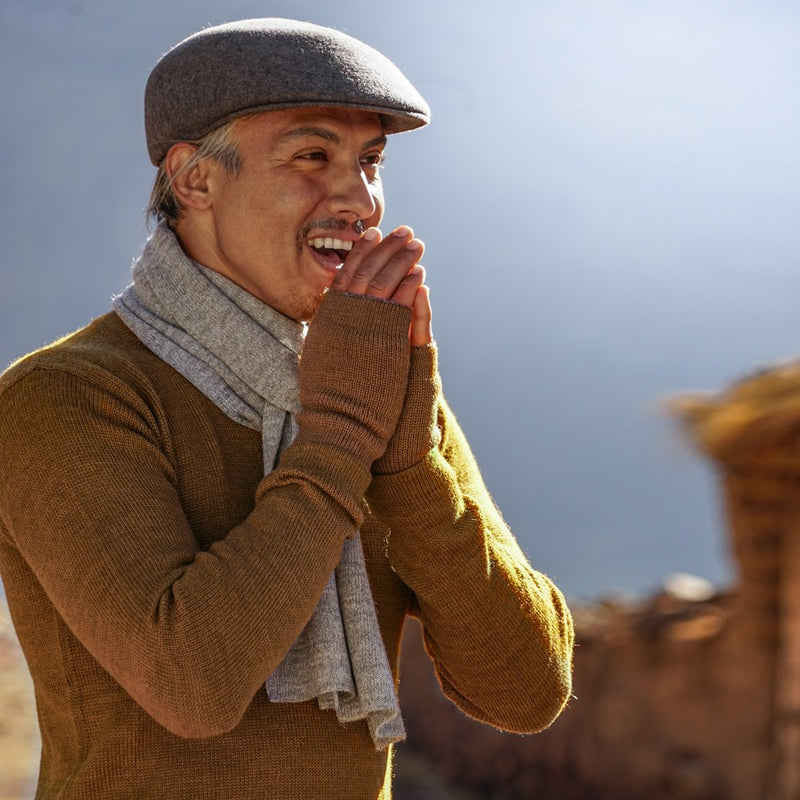 Man wearing brown colored baby alpaca wool clothes