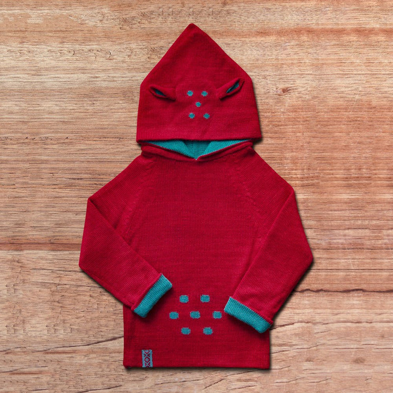 Kids-Sweater with hood in baby alpaca wool color red